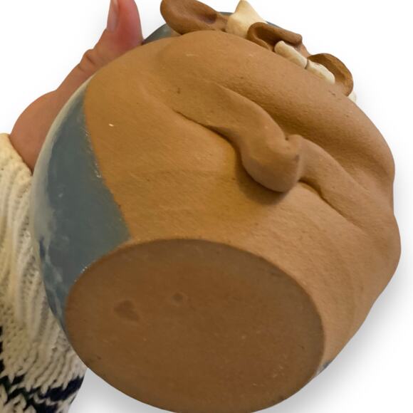 Unique Vintage Hand Thrown Sky Blue Tan Goofy Cow Oversize Coffee Mug Farmhouse - Picture 9 of 16